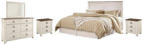 Willowton King/California King Panel Headboard Bed with Mirrored Dresser and 2 Nightstands in Whitewash from Ashley - Luna Furniture