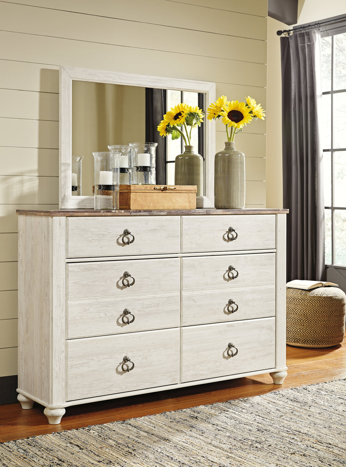 Willowton King/California King Panel Headboard Bed with Mirrored Dresser and Chest in Whitewash from Ashley - Luna Furniture