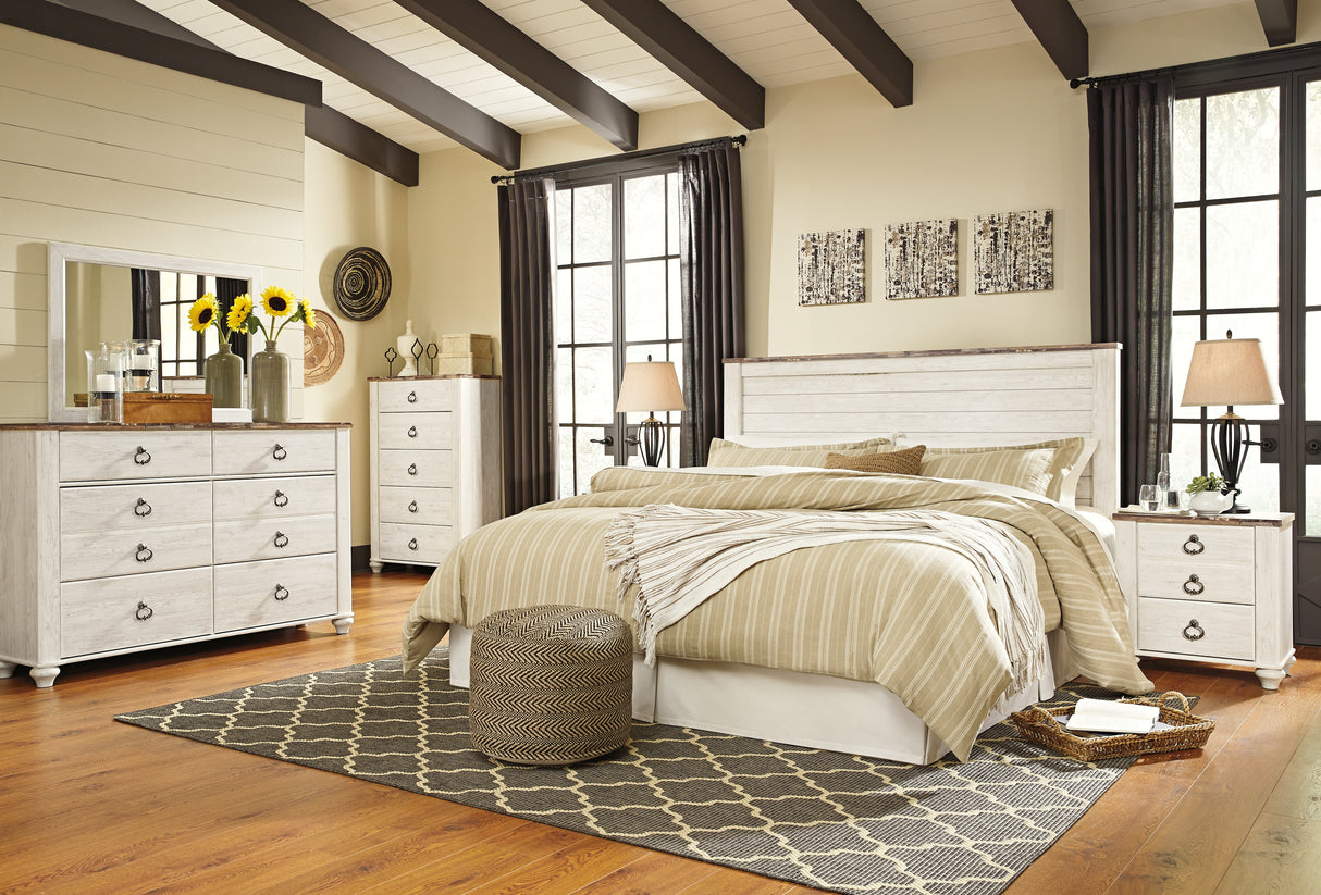 Willowton King/California King Panel Headboard Bed with Mirrored Dresser, Chest and Nightstand in Whitewash from Ashley - Luna Furniture