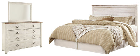 Willowton King/California King Panel Headboard Bed with Mirrored Dresser in Whitewash from Ashley - Luna Furniture