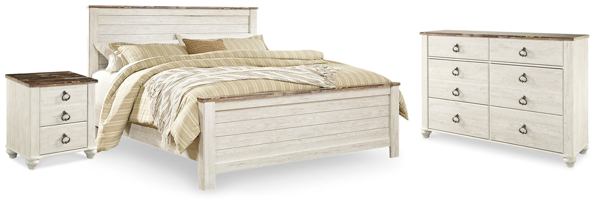 Willowton King Panel Bed with Dresser and Nightstand in Whitewash - PKG020111