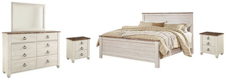 Willowton King Panel Bed with Mirrored Dresser and 2 Nightstands in Whitewash from Ashley - Luna Furniture