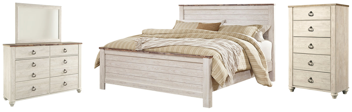 Willowton King Panel Bed with Mirrored Dresser and Chest in Whitewash - PKG004382