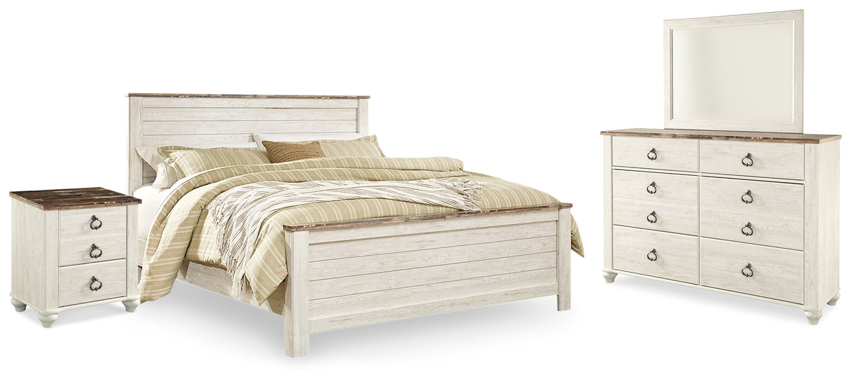 Willowton King Panel Bed with Mirrored Dresser and Nightstand in Whitewash - PKG020110