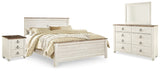 Willowton King Panel Bed with Mirrored Dresser and Nightstand in Whitewash - PKG020110