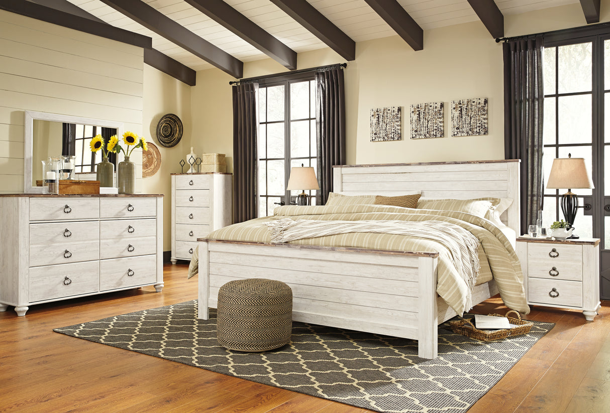 Willowton King Panel Bed with Mirrored Dresser and Nightstand in Whitewash - PKG020110