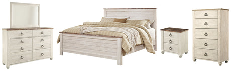 Willowton King Panel Bed with Mirrored Dresser, Chest and Nightstand in Whitewash from Ashley - Luna Furniture