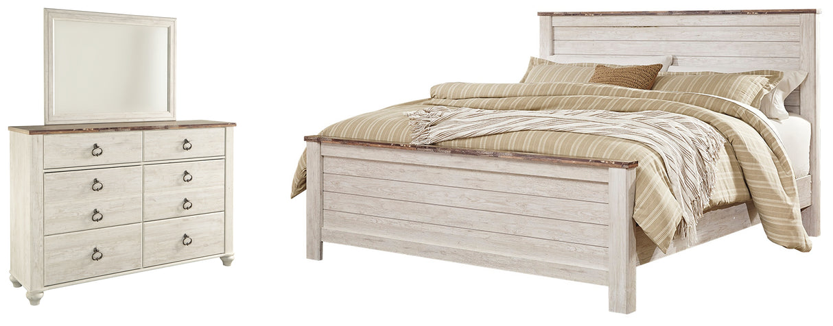 Willowton King Panel Bed with Mirrored Dresser in Whitewash - PKG004322