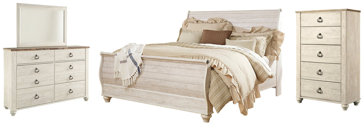 Willowton King Sleigh Bed with Mirrored Dresser and Chest in Whitewash - PKG004383