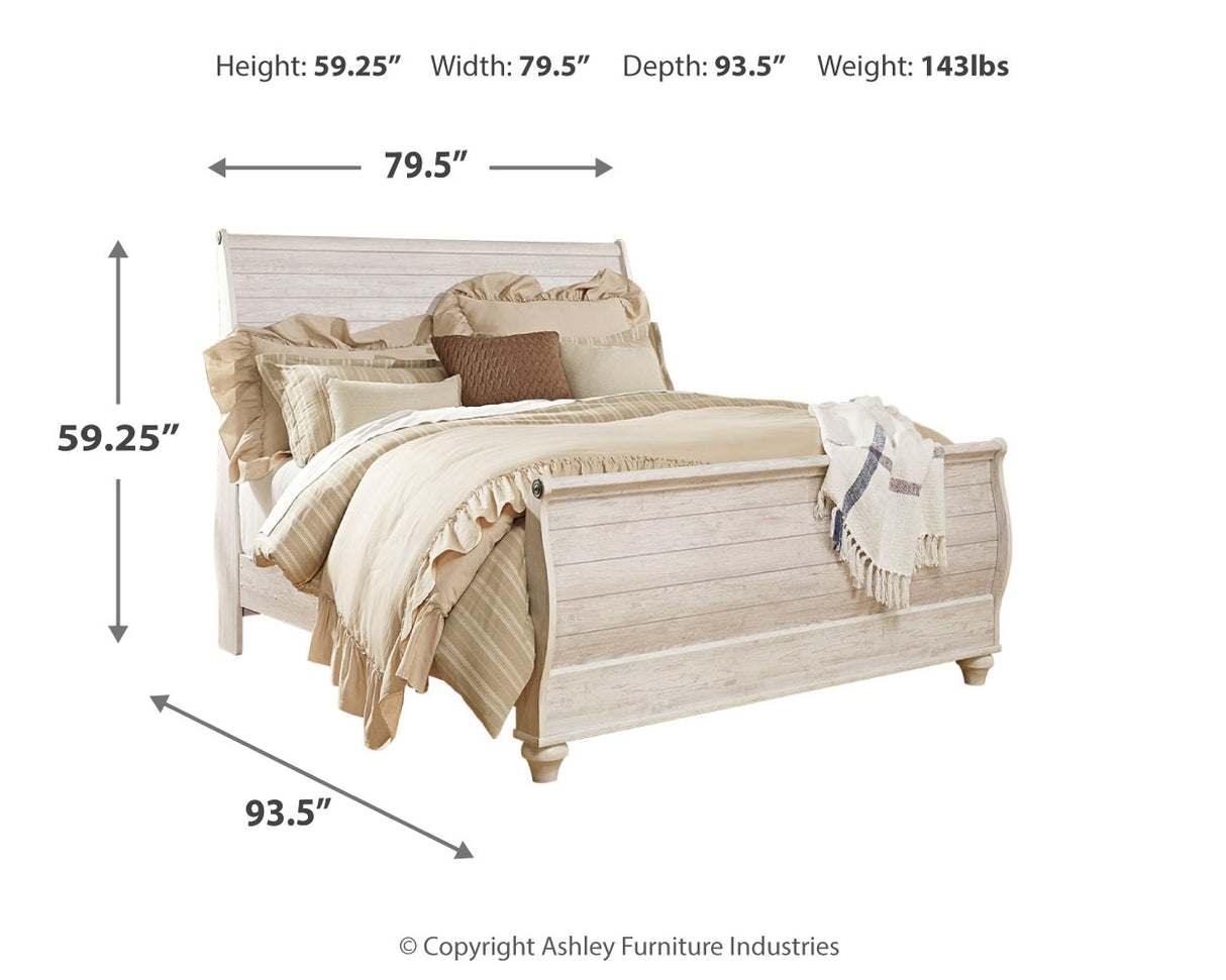 Willowton King Sleigh Bed with Mirrored Dresser and Nightstand in Whitewash - PKG014142