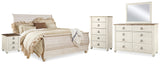 Willowton King Sleigh Bed with Mirrored Dresser, Chest and 2 Nightstands in Whitewash from Ashley - Luna Furniture