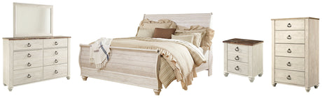 Willowton King Sleigh Bed with Mirrored Dresser, Chest and Nightstand in Whitewash - PKG004427