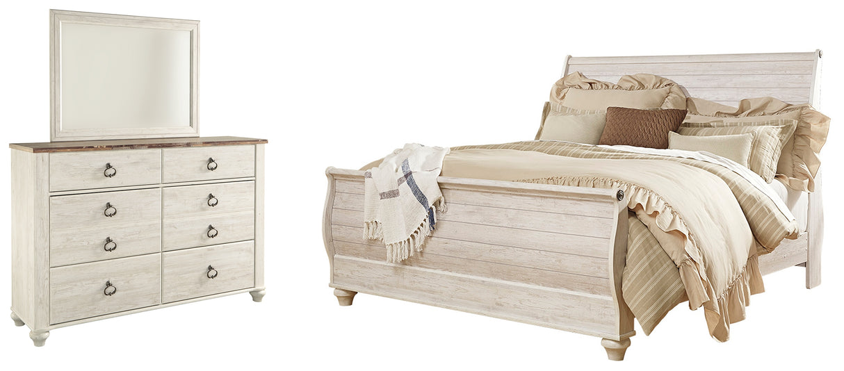 Willowton King Sleigh Bed with Mirrored Dresser in Whitewash - PKG004323