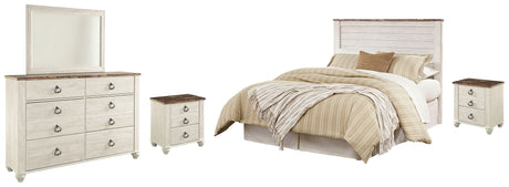 Willowton Queen/Full Panel Headboard Bed with Mirrored Dresser and 2 Nightstands in Whitewash from Ashley - Luna Furniture