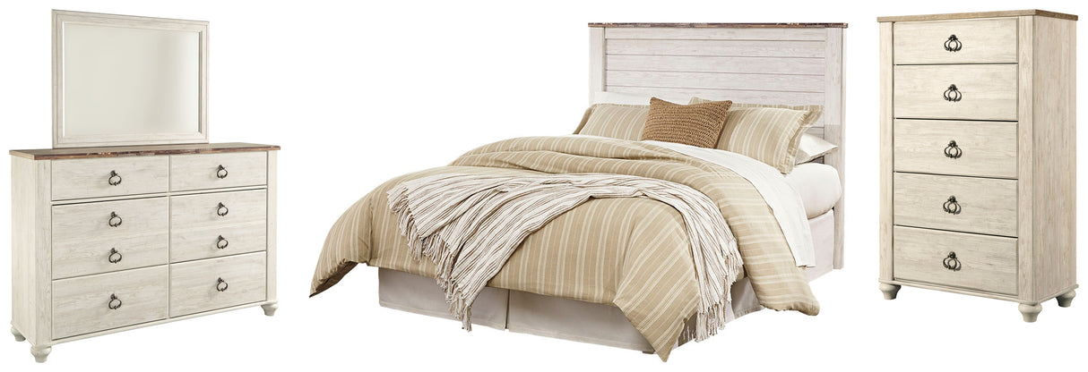 Willowton Queen/Full Panel Headboard Bed with Mirrored Dresser and Chest in Whitewash from Ashley - Luna Furniture