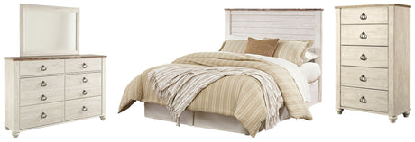 Willowton Queen/Full Panel Headboard Bed with Mirrored Dresser and Chest in Whitewash from Ashley - Luna Furniture