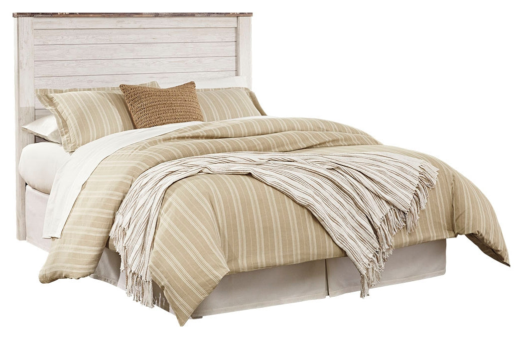 Willowton Queen/Full Panel Headboard Bed with Mirrored Dresser and Chest in Whitewash from Ashley - Luna Furniture