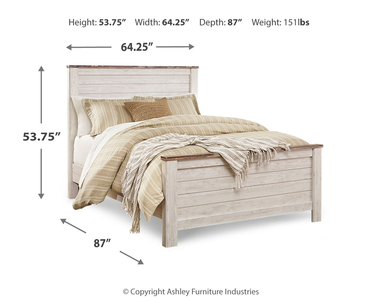 Willowton Queen/Full Panel Headboard Bed with Mirrored Dresser, Chest and 2 Nightstands in Whitewash from Ashley - Luna Furniture