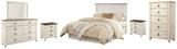 Willowton Queen/Full Panel Headboard Bed with Mirrored Dresser, Chest and 2 Nightstands in Whitewash from Ashley - Luna Furniture