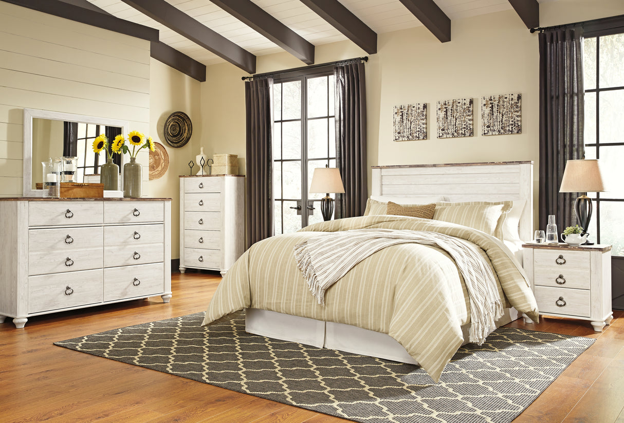 Willowton Queen/Full Panel Headboard Bed with Mirrored Dresser, Chest and Nightstand in Whitewash from Ashley - Luna Furniture