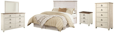 Willowton Queen/Full Panel Headboard Bed with Mirrored Dresser, Chest and Nightstand in Whitewash from Ashley - Luna Furniture