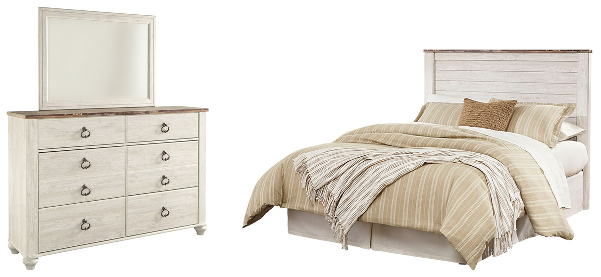 Willowton Queen/Full Panel Headboard Bed with Mirrored Dresser in Whitewash from Ashley - Luna Furniture