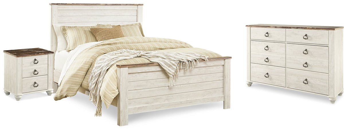 Willowton Queen Panel Bed with Dresser and Nightstand in Whitewash - PKG020109