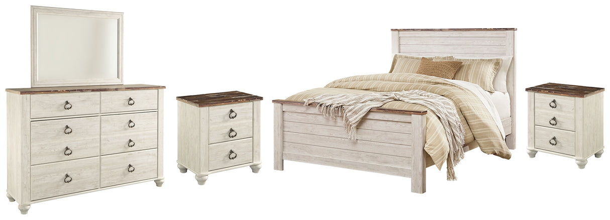 Willowton Queen Panel Bed with Mirrored Dresser and 2 Nightstands in Whitewash from Ashley - Luna Furniture