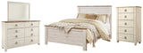 Willowton Queen Panel Bed with Mirrored Dresser and Chest in Whitewash - PKG004387