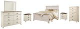 Willowton Queen Panel Bed with Mirrored Dresser, Chest and 2 Nightstands in Whitewash from Ashley - Luna Furniture