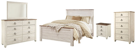 Willowton Queen Panel Bed with Mirrored Dresser, Chest and Nightstand in Whitewash from Ashley - Luna Furniture