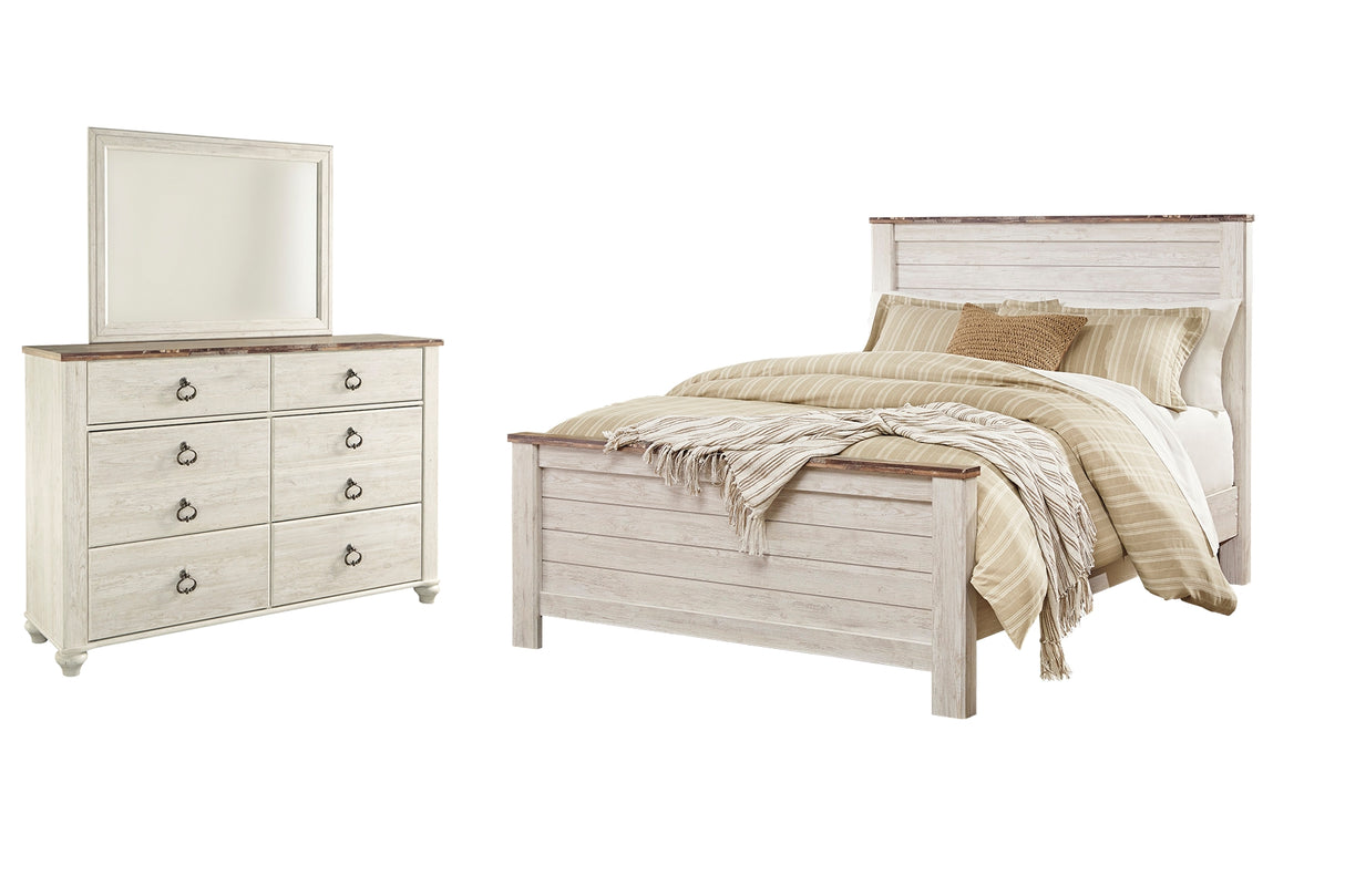 Willowton Queen Panel Bed with Mirrored Dresser in Whitewash - PKG004331