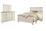 Willowton Queen Panel Bed with Mirrored Dresser in Whitewash - PKG004331