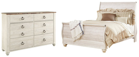 Willowton Queen Sleigh Bed with Dresser in Whitewash from Ashley - Luna Furniture