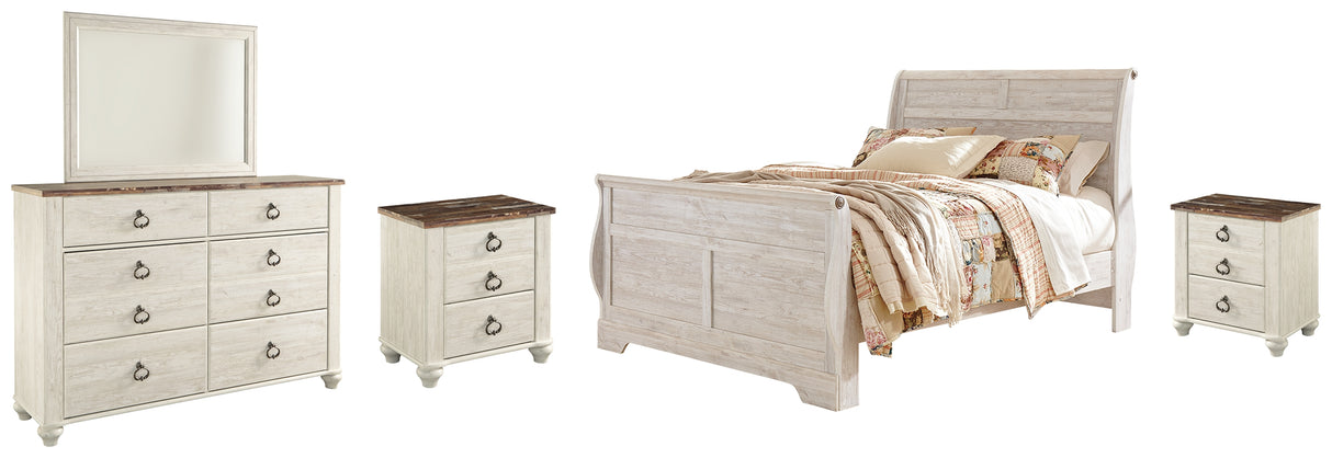 Willowton Queen Sleigh Bed with Mirrored Dresser and 2 Nightstands in Whitewash from Ashley - Luna Furniture