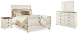 Willowton Queen Sleigh Bed with Mirrored Dresser and 2 Nightstands in Whitewash from Ashley - Luna Furniture