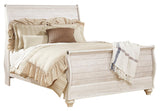 Willowton Queen Sleigh Bed with Mirrored Dresser and 2 Nightstands in Whitewash from Ashley - Luna Furniture