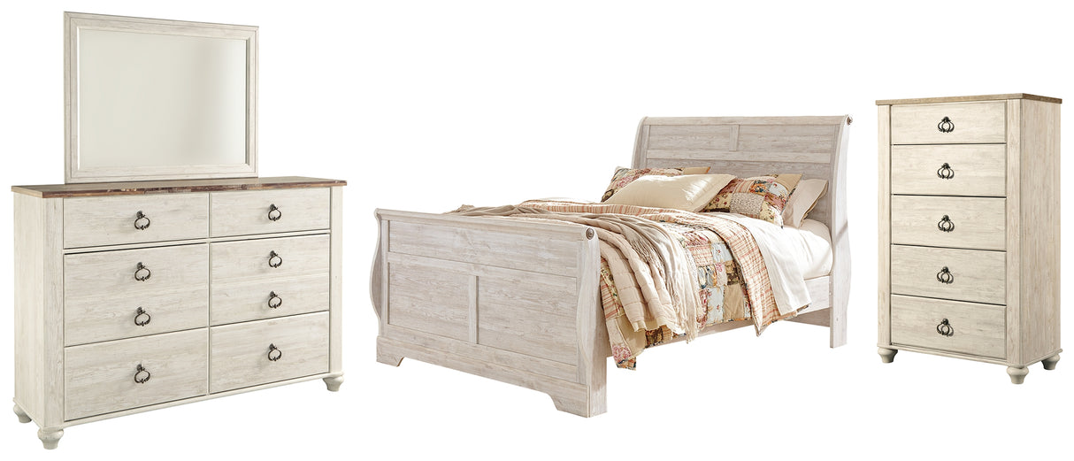 Willowton Queen Sleigh Bed with Mirrored Dresser and Chest in Whitewash from Ashley - Luna Furniture