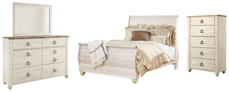 Willowton Queen Sleigh Bed with Mirrored Dresser and Chest in Whitewash from Ashley - Luna Furniture