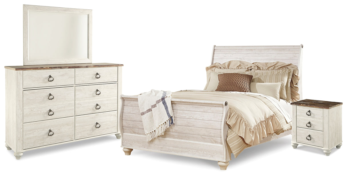 Willowton Queen Sleigh Bed with Mirrored Dresser and Nightstand in Whitewash - PKG014049