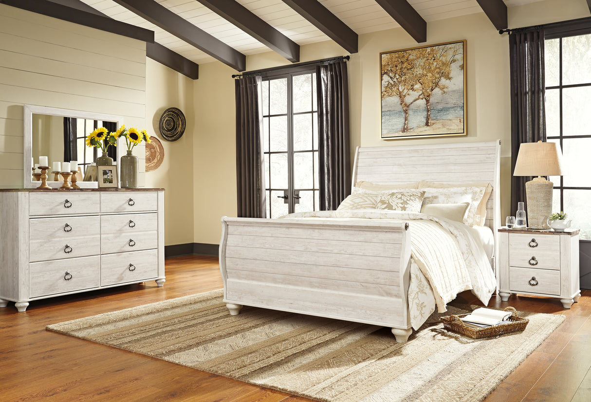 Willowton Queen Sleigh Bed with Mirrored Dresser and Nightstand in Whitewash - PKG014049