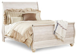 Willowton Queen Sleigh Bed with Mirrored Dresser and Nightstand in Whitewash - PKG014049