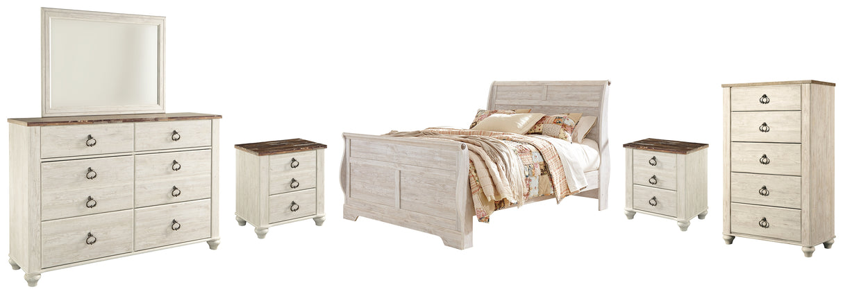 Willowton Queen Sleigh Bed with Mirrored Dresser, Chest and 2 Nightstands in Whitewash from Ashley - Luna Furniture