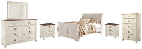 Willowton Queen Sleigh Bed with Mirrored Dresser, Chest and 2 Nightstands in Whitewash from Ashley - Luna Furniture