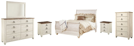 Willowton Queen Sleigh Bed with Mirrored Dresser, Chest and 2 Nightstands in Whitewash from Ashley - Luna Furniture