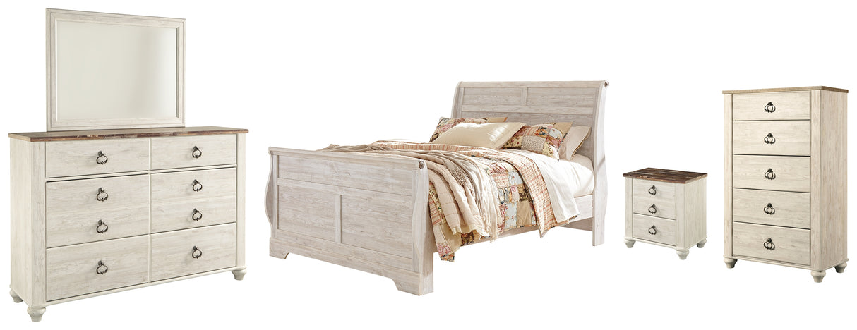 Willowton Queen Sleigh Bed with Mirrored Dresser, Chest and Nightstand in Whitewash from Ashley - Luna Furniture