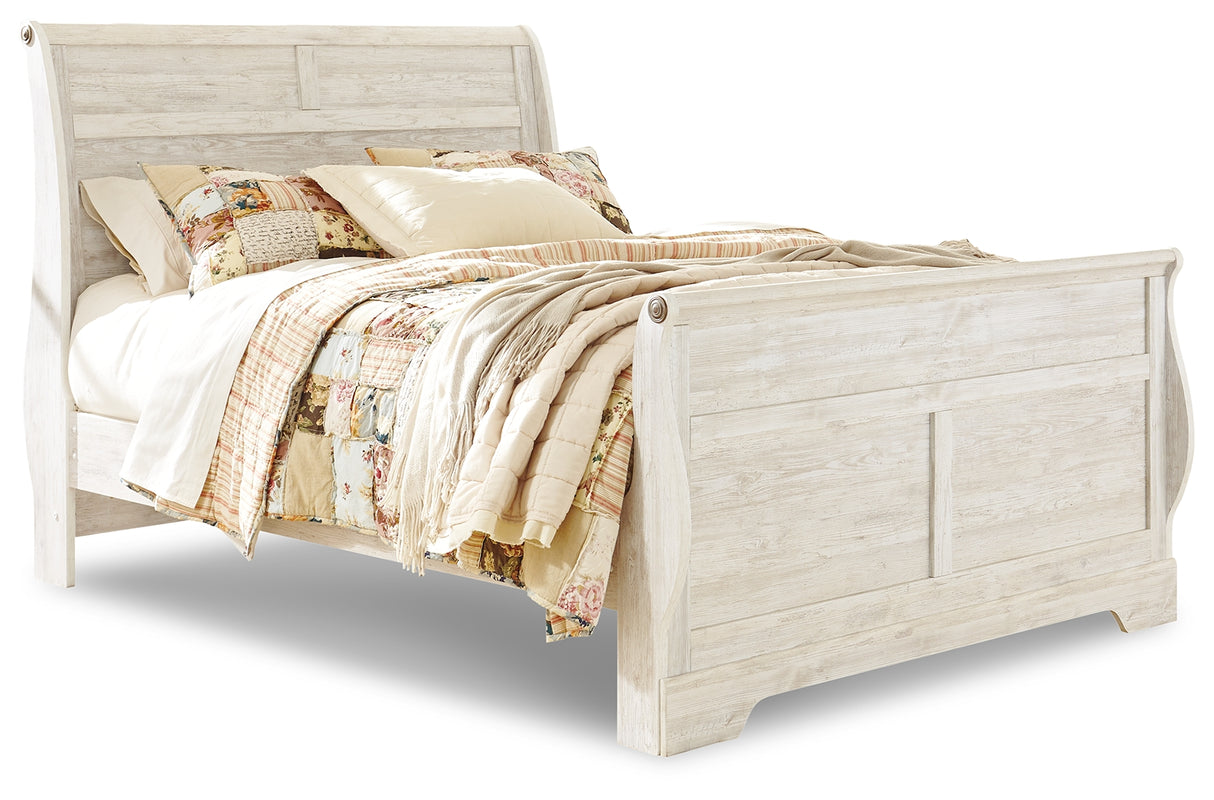 Willowton Queen Sleigh Bed with Mirrored Dresser, Chest and Nightstand in Whitewash from Ashley - Luna Furniture