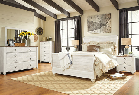 Willowton Queen Sleigh Bed with Mirrored Dresser, Chest and Nightstand in Whitewash from Ashley - Luna Furniture