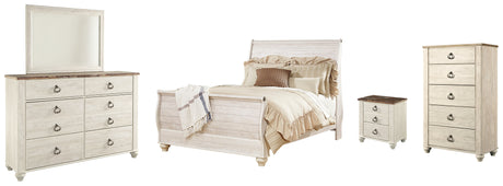 Willowton Queen Sleigh Bed with Mirrored Dresser, Chest and Nightstand in Whitewash from Ashley - Luna Furniture