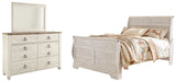 Willowton Queen Sleigh Bed with Mirrored Dresser in Whitewash from Ashley - Luna Furniture